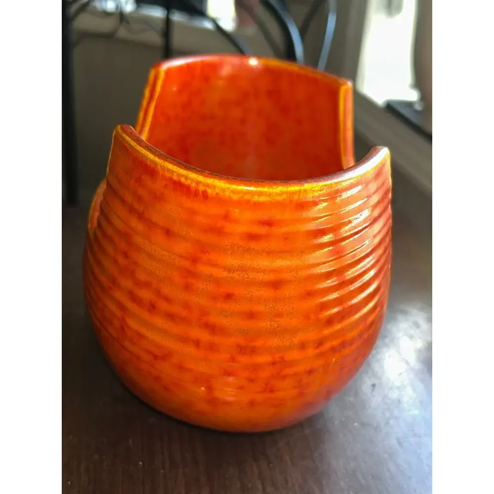 T14 Nanzan Pottery Vase Ceramic Flower Vase Ikenobo orange ribbed